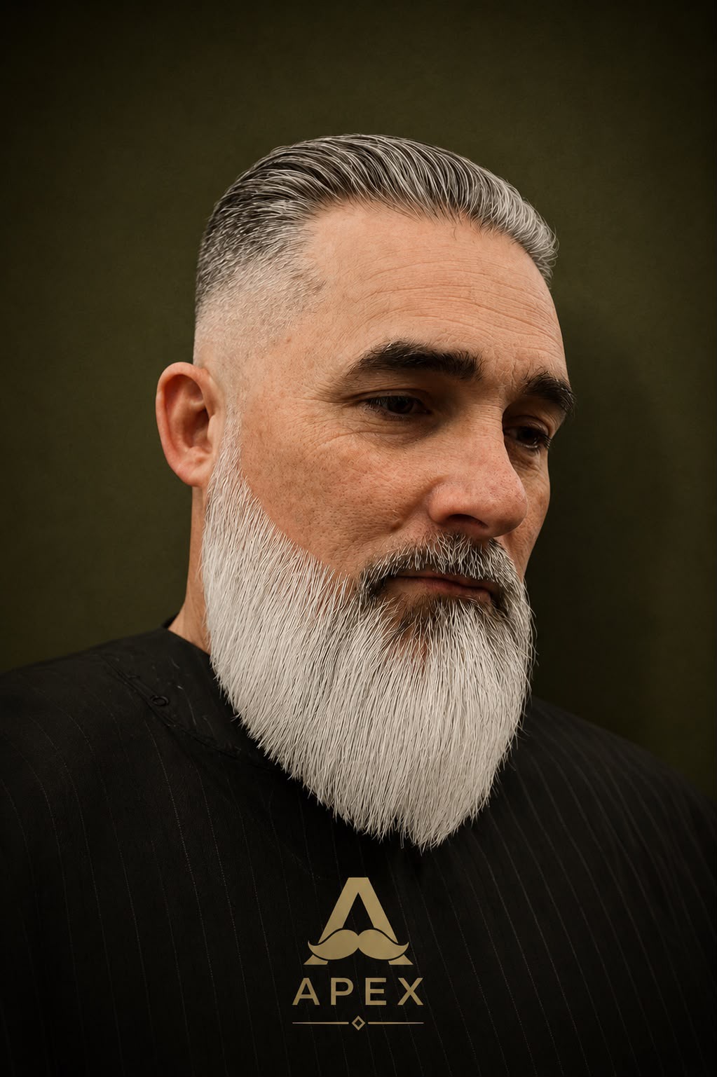 Haircut work — classic side part with a full grey beard
