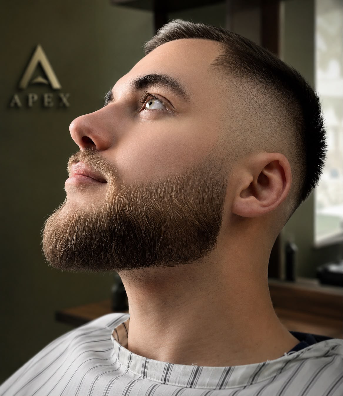 Haircut work — short crop with a sculpted full beard